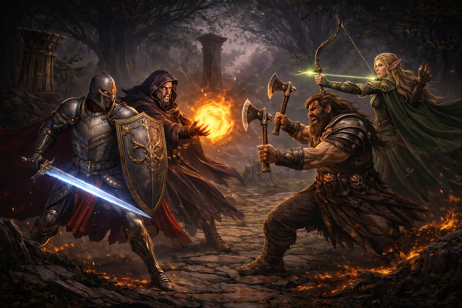 Epic fantasy battle between knight, wizard, and warriors
